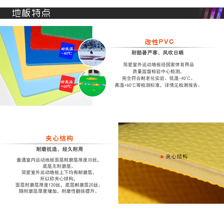 地膠主要原料PVC為可再生環(huán)保材料，科學(xué)檢測表明：100%不含甲醛，無毒無害無輻射。運動寶地板廠家視質(zhì)量為生命，100%新料生產(chǎn)，并精選環(huán)保型施工輔料，打造真正環(huán)保地板品牌。鋪裝完成后，簡單通風(fēng)即可去